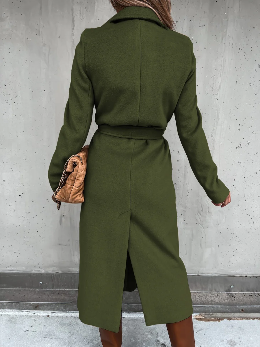 Solid Color Lapel Long Sleeve Woolen Simple Tie Coats - Image 27