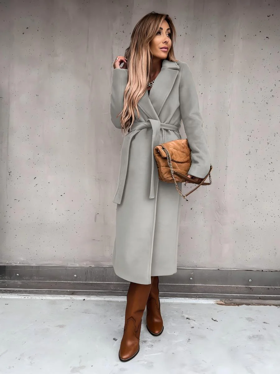 Solid Color Lapel Long Sleeve Woolen Simple Tie Coats - Image 28