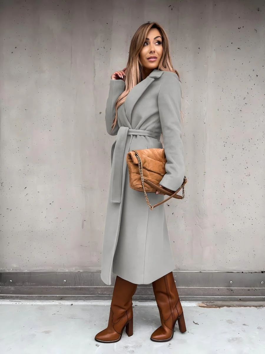 Solid Color Lapel Long Sleeve Woolen Simple Tie Coats - Image 29