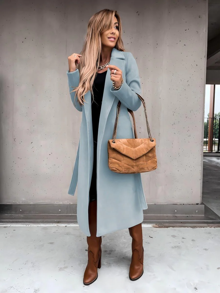 Solid Color Lapel Long Sleeve Woolen Simple Tie Coats - Image 3