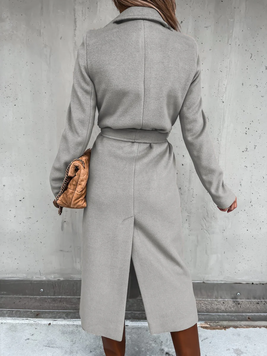 Solid Color Lapel Long Sleeve Woolen Simple Tie Coats - Image 30