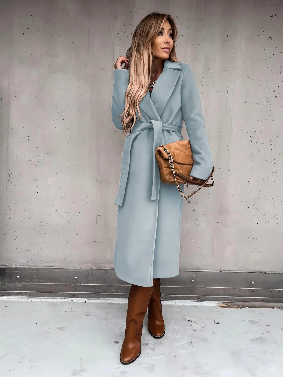 Solid Color Lapel Long Sleeve Woolen Simple Tie Coats - Image 31
