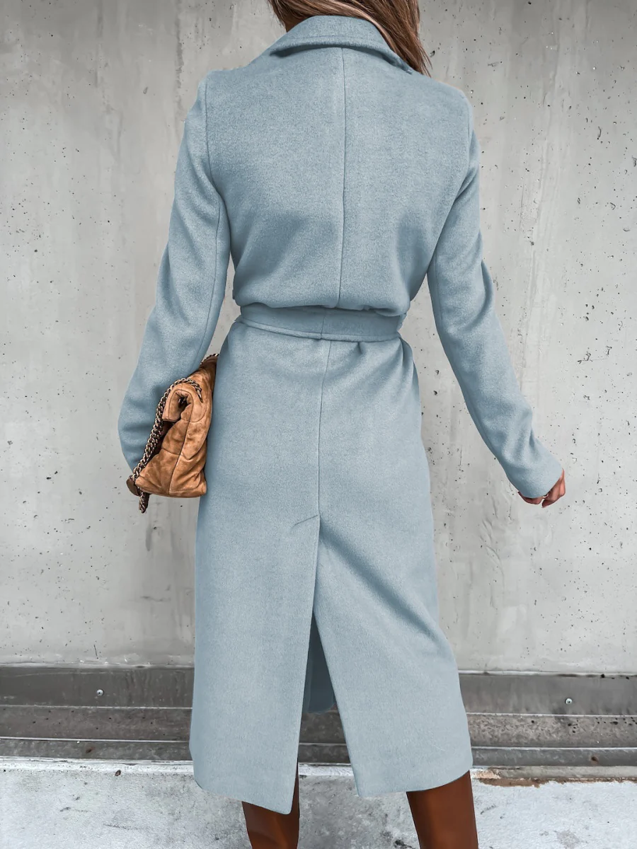 Solid Color Lapel Long Sleeve Woolen Simple Tie Coats - Image 33
