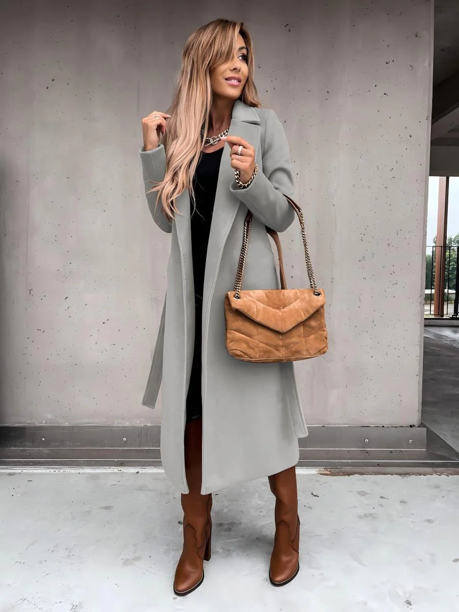 Solid Color Lapel Long Sleeve Woolen Simple Tie Coats - Image 4