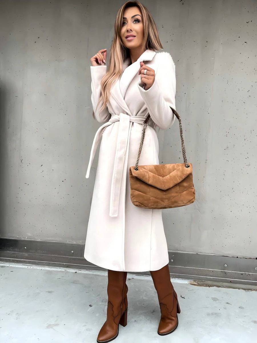 Solid Color Lapel Long Sleeve Woolen Simple Tie Coats - Image 5
