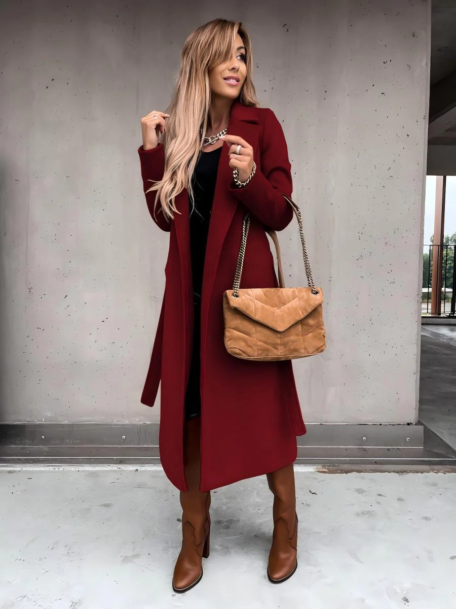 Solid Color Lapel Long Sleeve Woolen Simple Tie Coats - Image 6