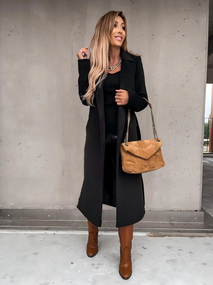 Solid Color Lapel Long Sleeve Woolen Simple Tie Coats - Image 7