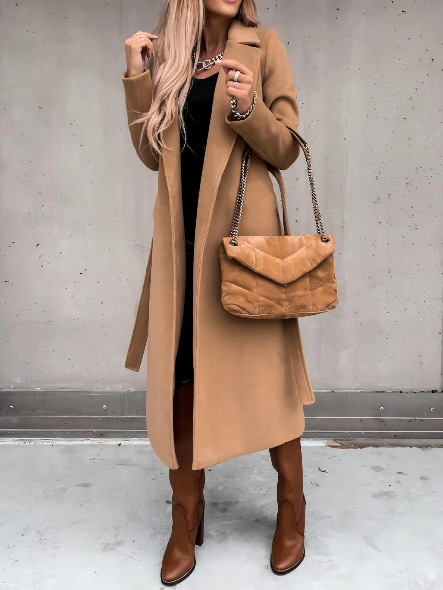 Solid Color Lapel Long Sleeve Woolen Simple Tie Coats - Image 8
