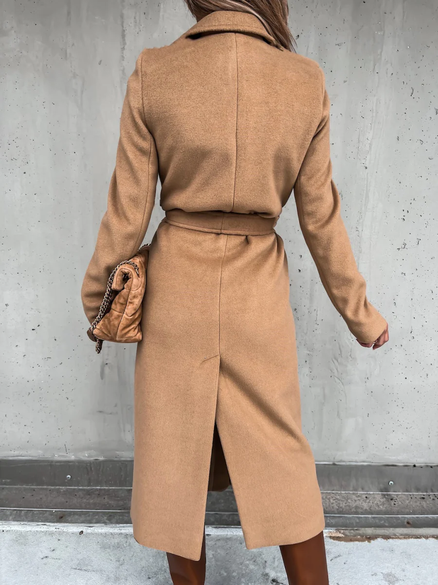 Solid Color Lapel Long Sleeve Woolen Simple Tie Coats - Image 9