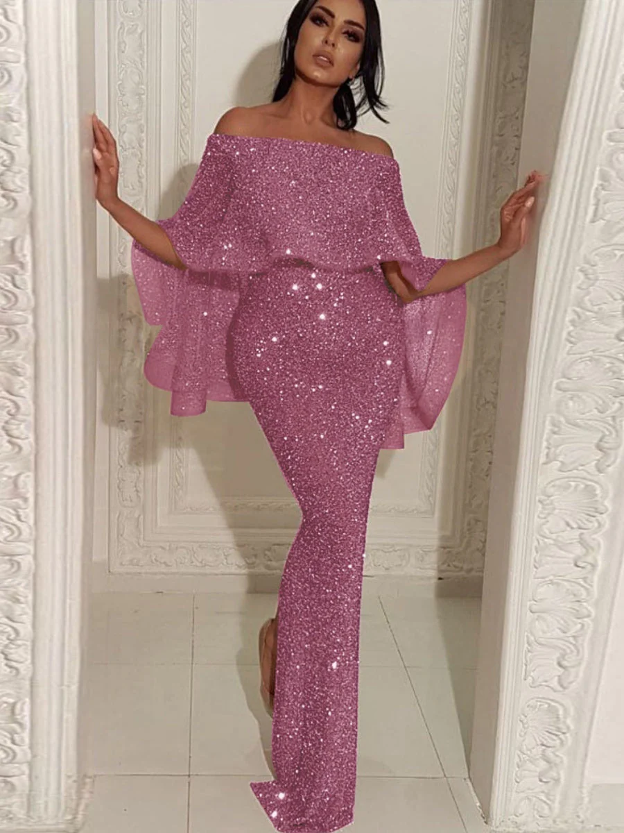 Ruffled One-shoulder Dress Sequins Maxi Dresses