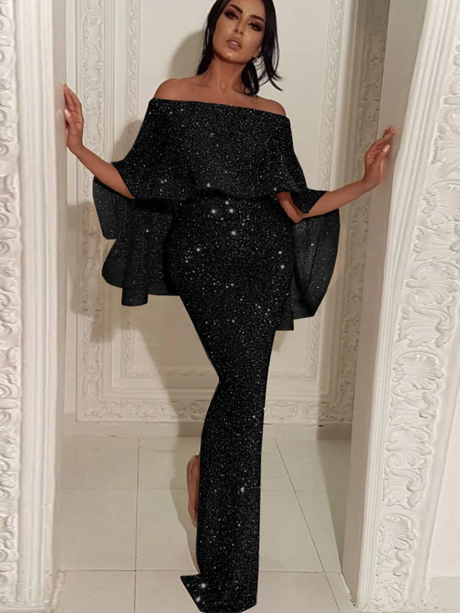 Ruffled One-shoulder Dress Sequins Maxi Dresses - Image 11