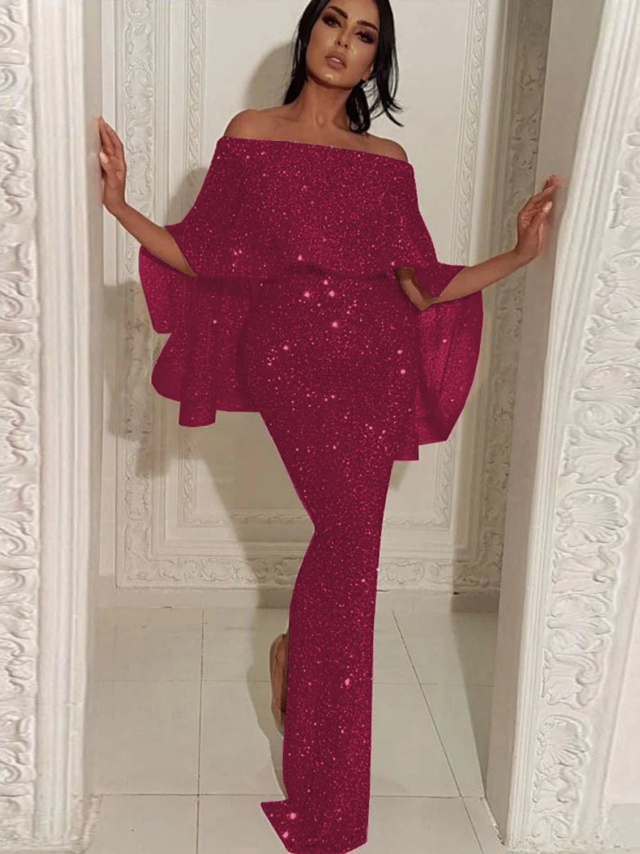 Ruffled One-shoulder Dress Sequins Maxi Dresses - Image 2