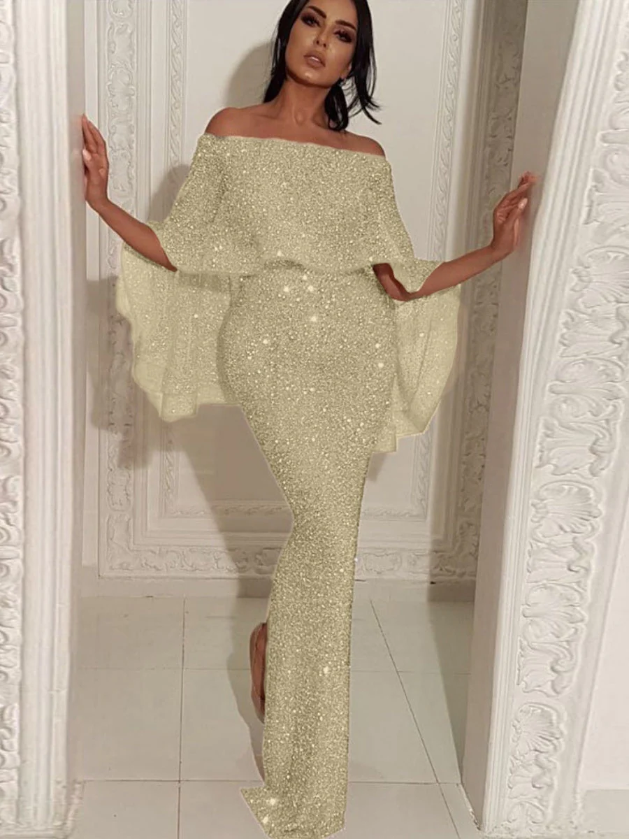 Ruffled One-shoulder Dress Sequins Maxi Dresses - Image 4