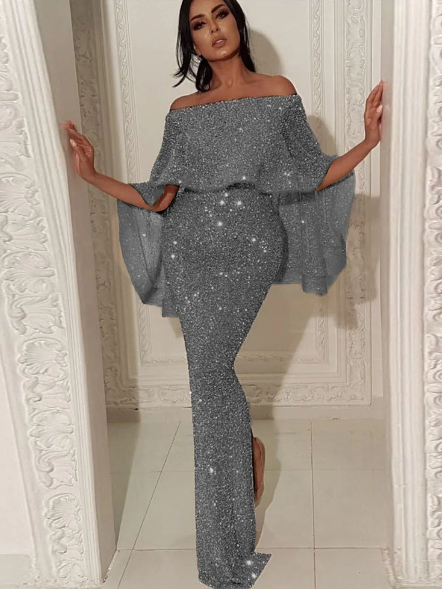 Ruffled One-shoulder Dress Sequins Maxi Dresses - Image 5