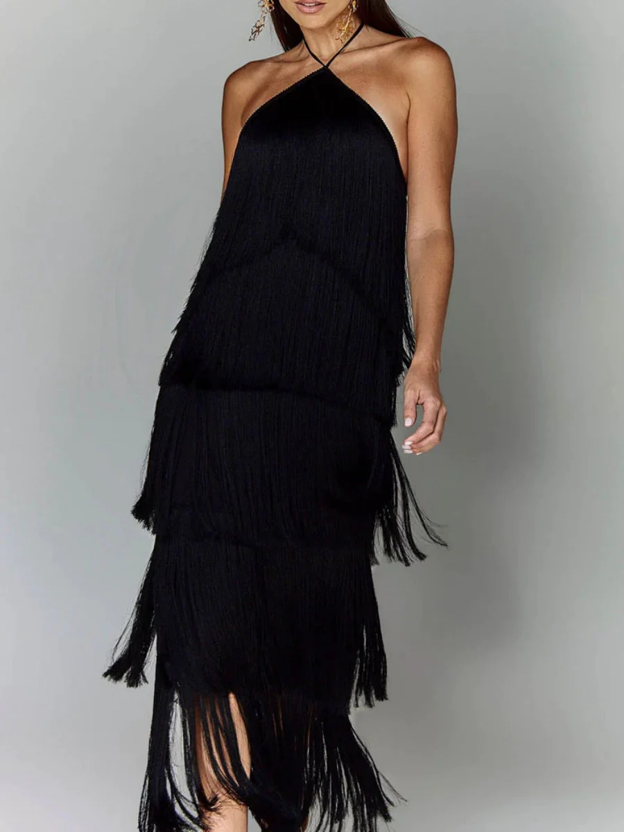 Halter Tassel Backless Cross Maxi Dresses - Image 10