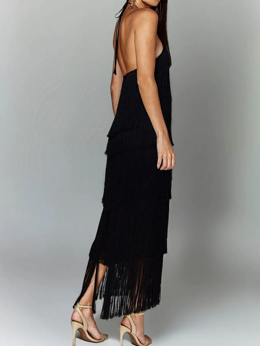 Halter Tassel Backless Cross Maxi Dresses - Image 11