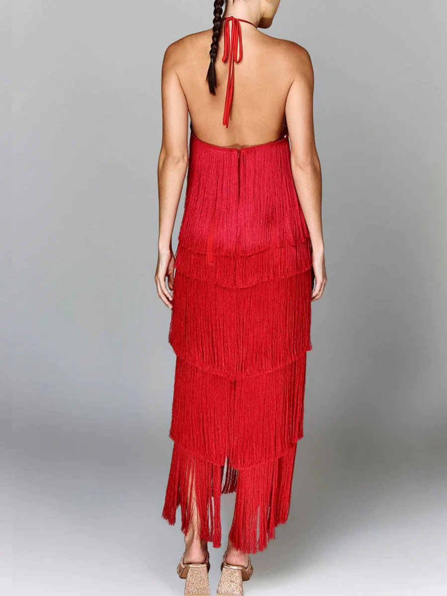 Halter Tassel Backless Cross Maxi Dresses - Image 2