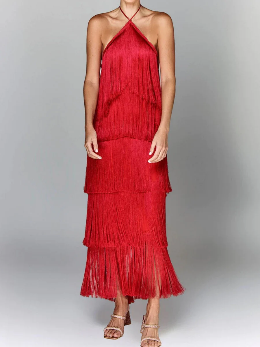 Halter Tassel Backless Cross Maxi Dresses - Image 3