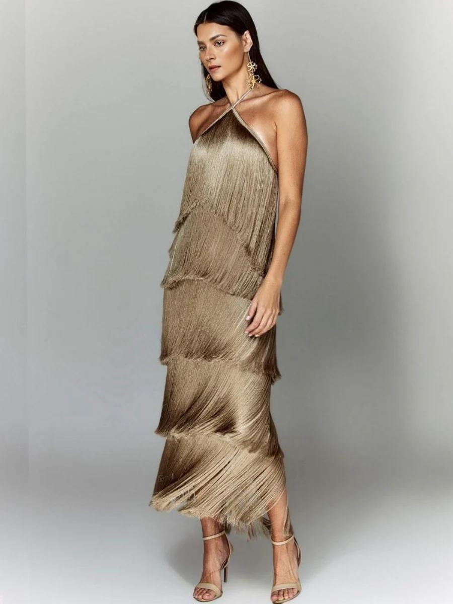 Halter Tassel Backless Cross Maxi Dresses - Image 4