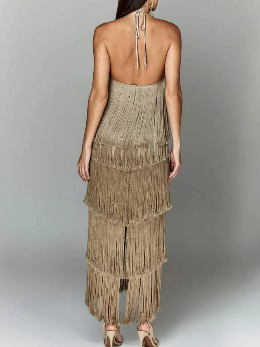 Halter Tassel Backless Cross Maxi Dresses - Image 5