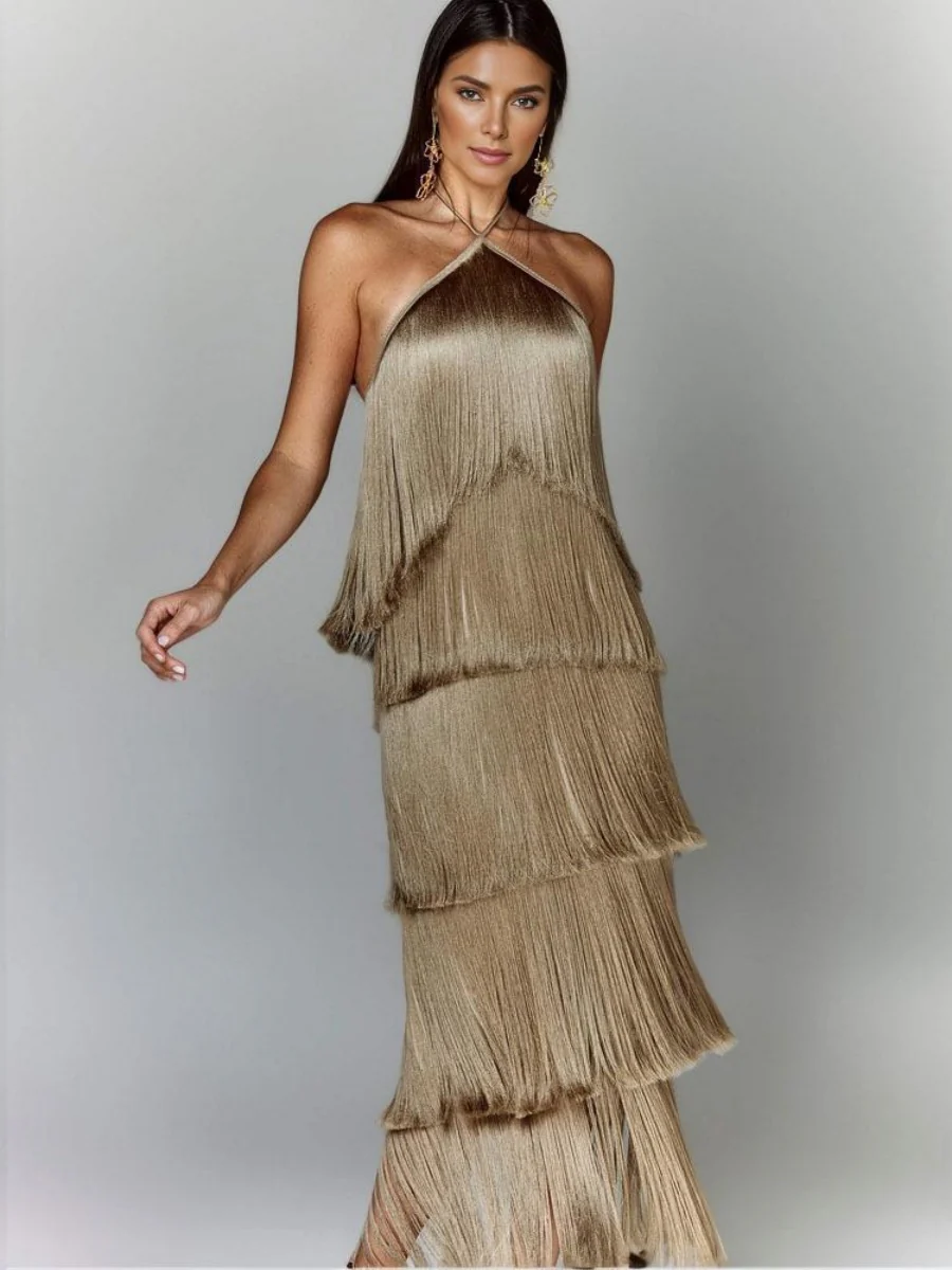 Halter Tassel Backless Cross Maxi Dresses - Image 6