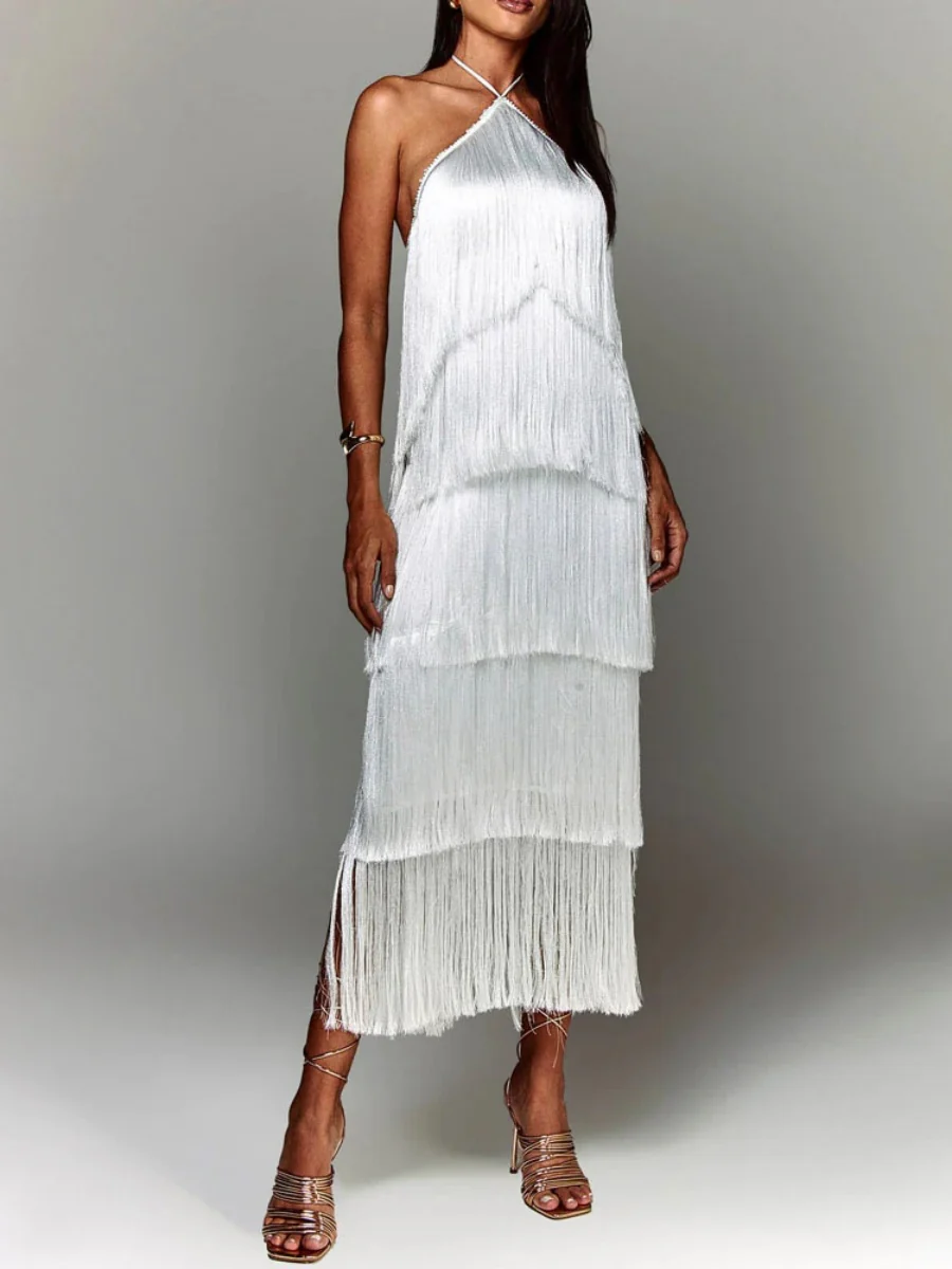 Halter Tassel Backless Cross Maxi Dresses - Image 7