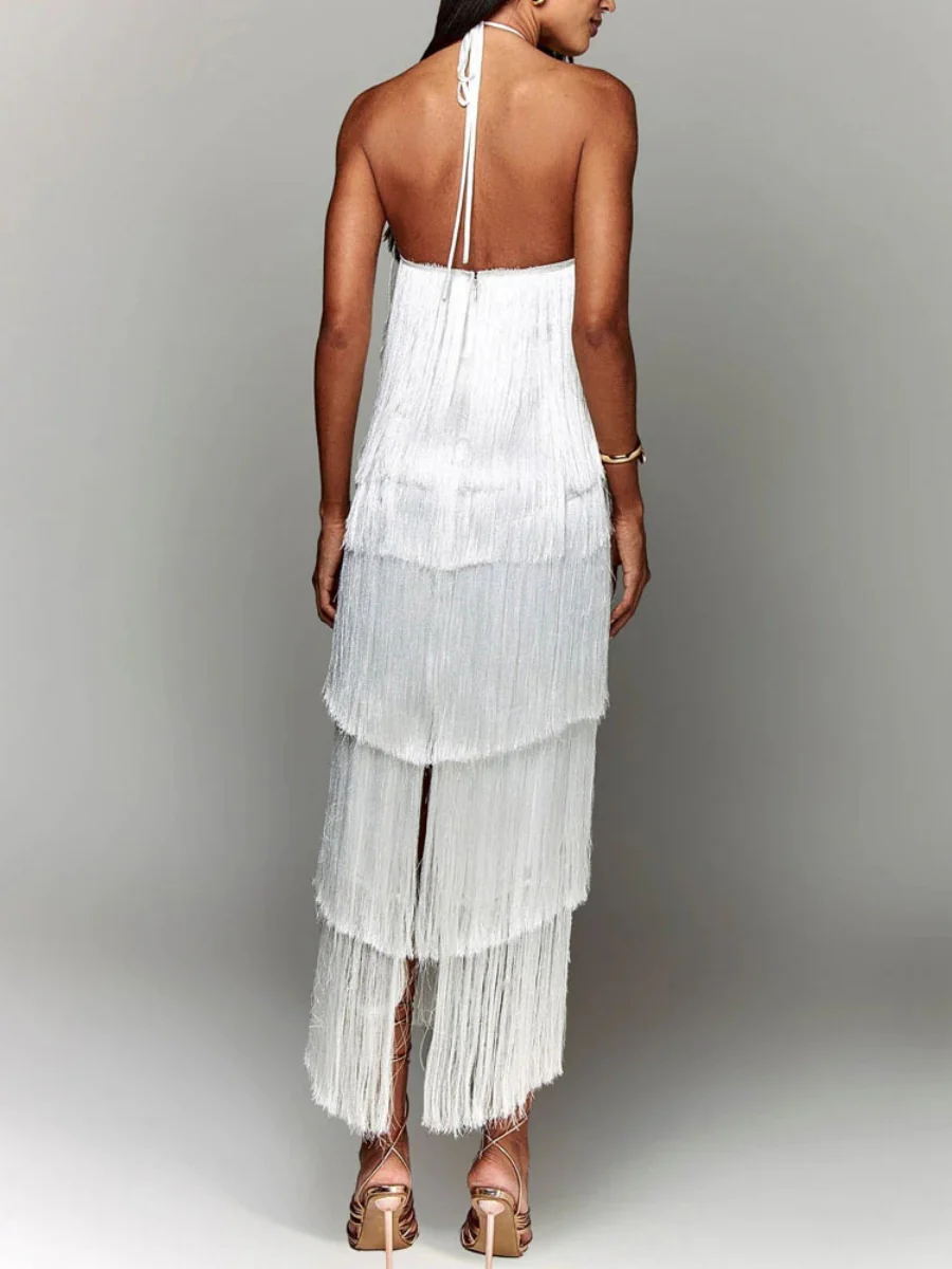 Halter Tassel Backless Cross Maxi Dresses - Image 8