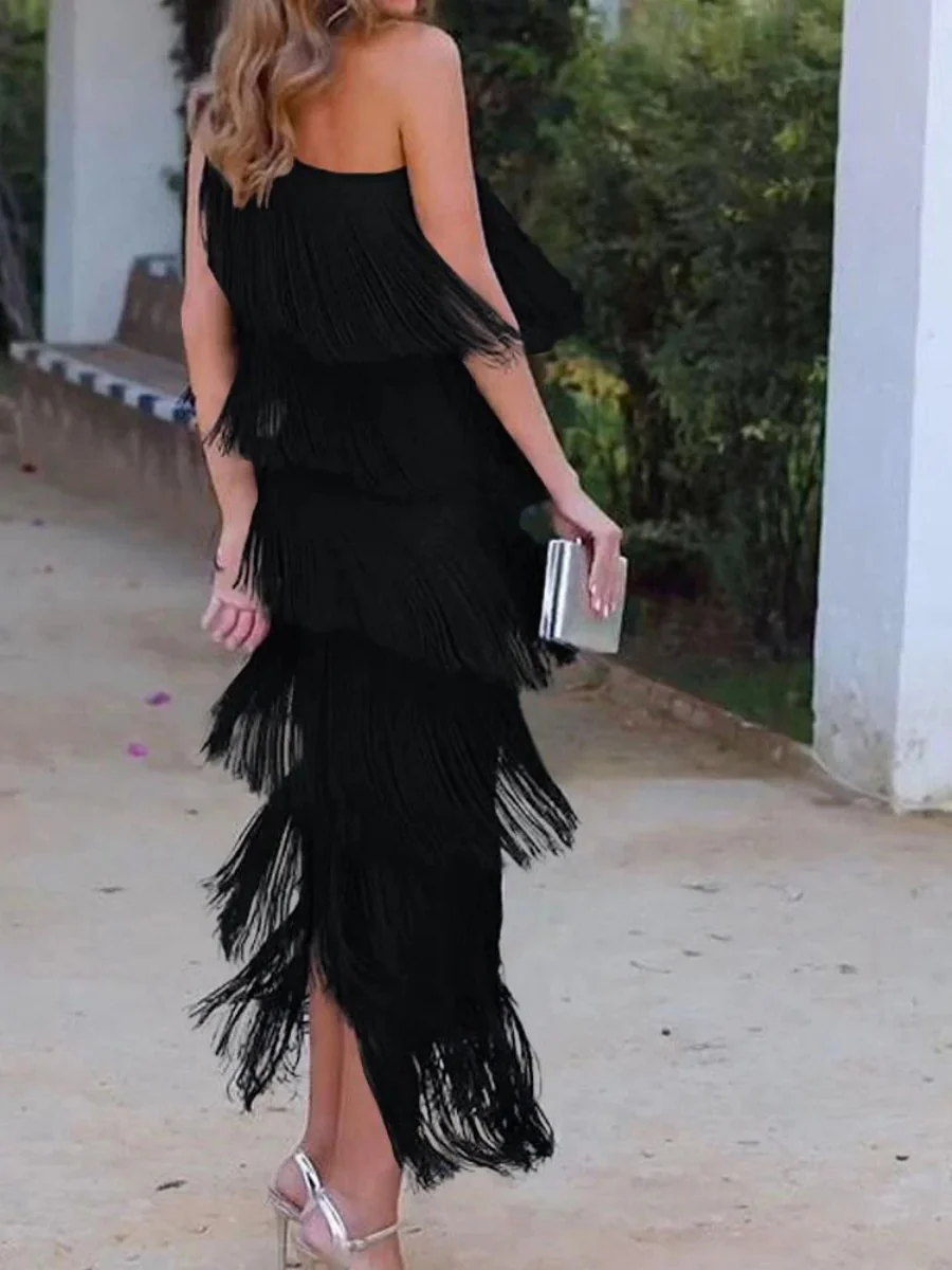 Tassel Sloping Shoulders Asymmetrical Maxi Dresses - Image 2