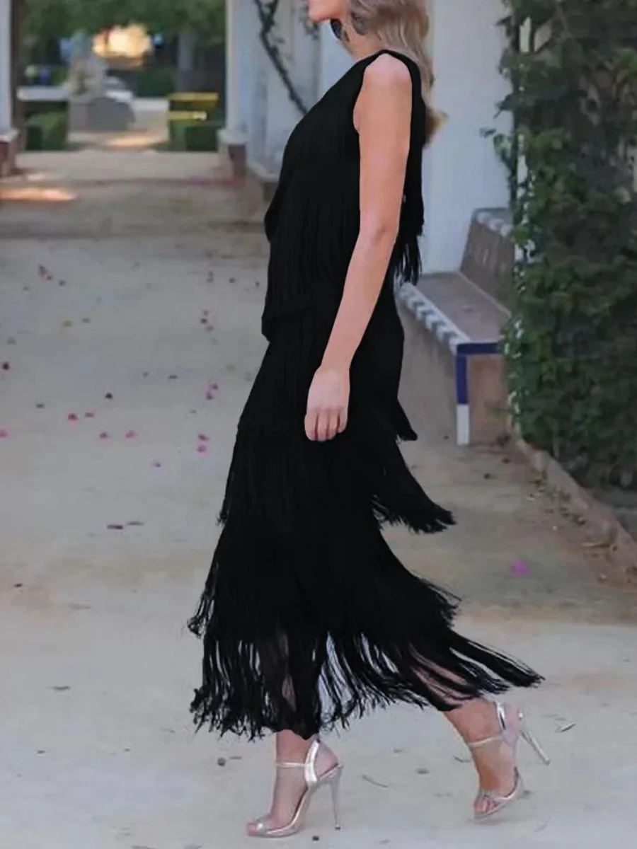 Tassel Sloping Shoulders Asymmetrical Maxi Dresses - Image 3