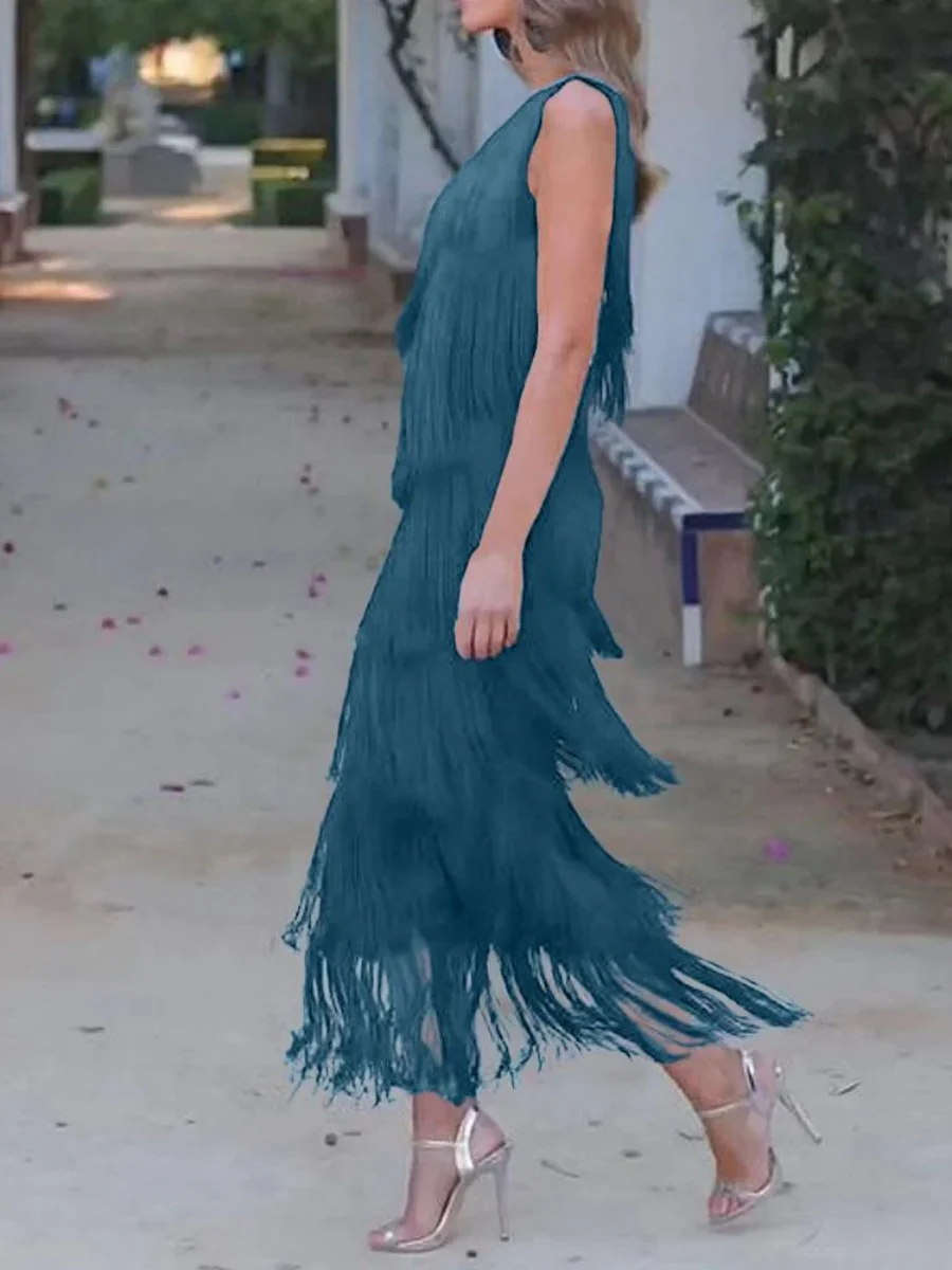 Tassel Sloping Shoulders Asymmetrical Maxi Dresses - Image 4