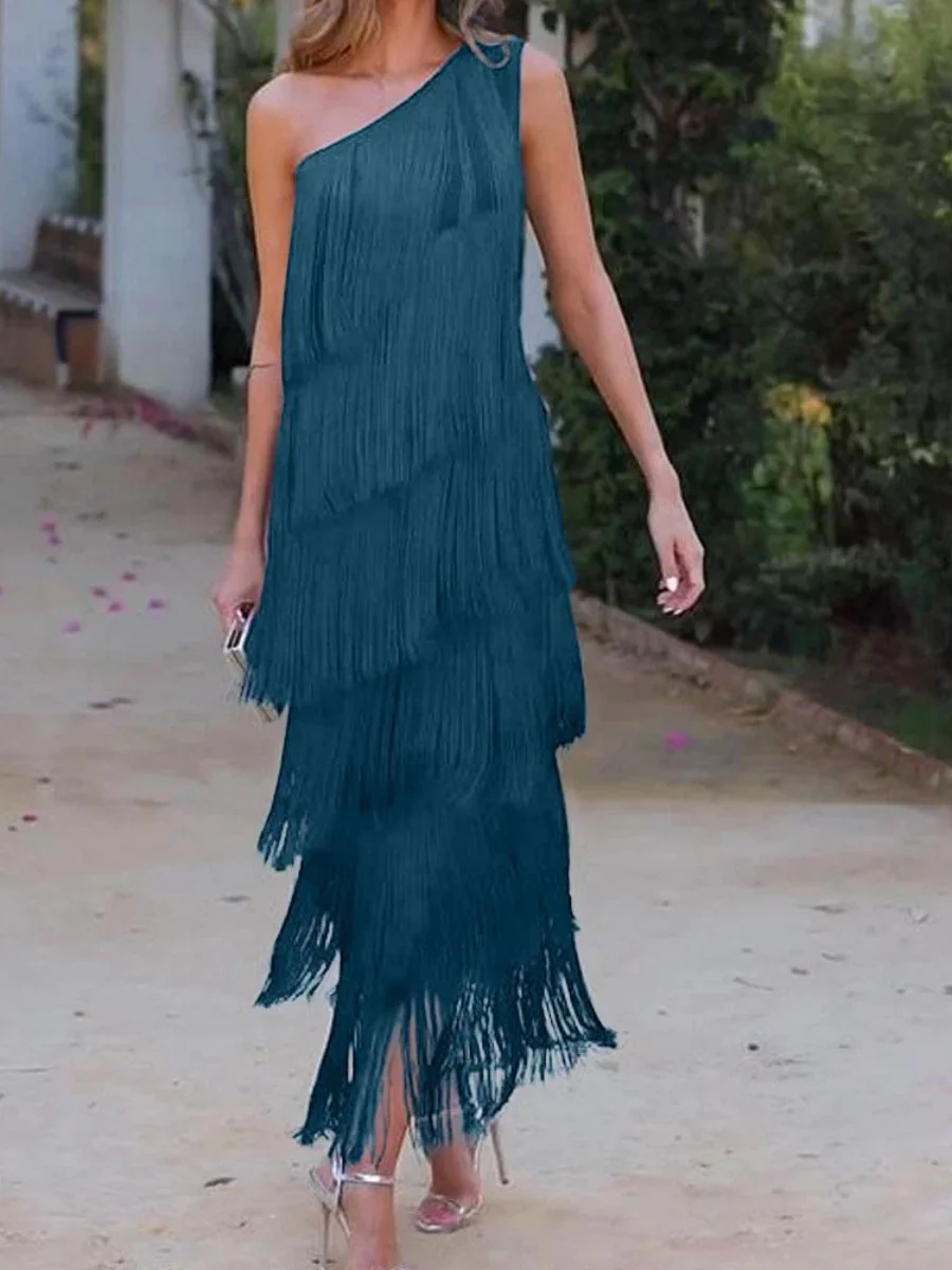 Tassel Sloping Shoulders Asymmetrical Maxi Dresses - Image 5