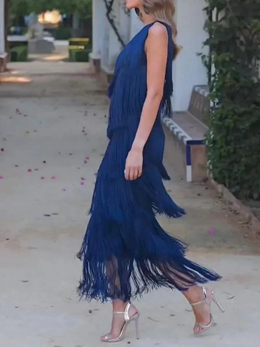 Tassel Sloping Shoulders Asymmetrical Maxi Dresses - Image 6