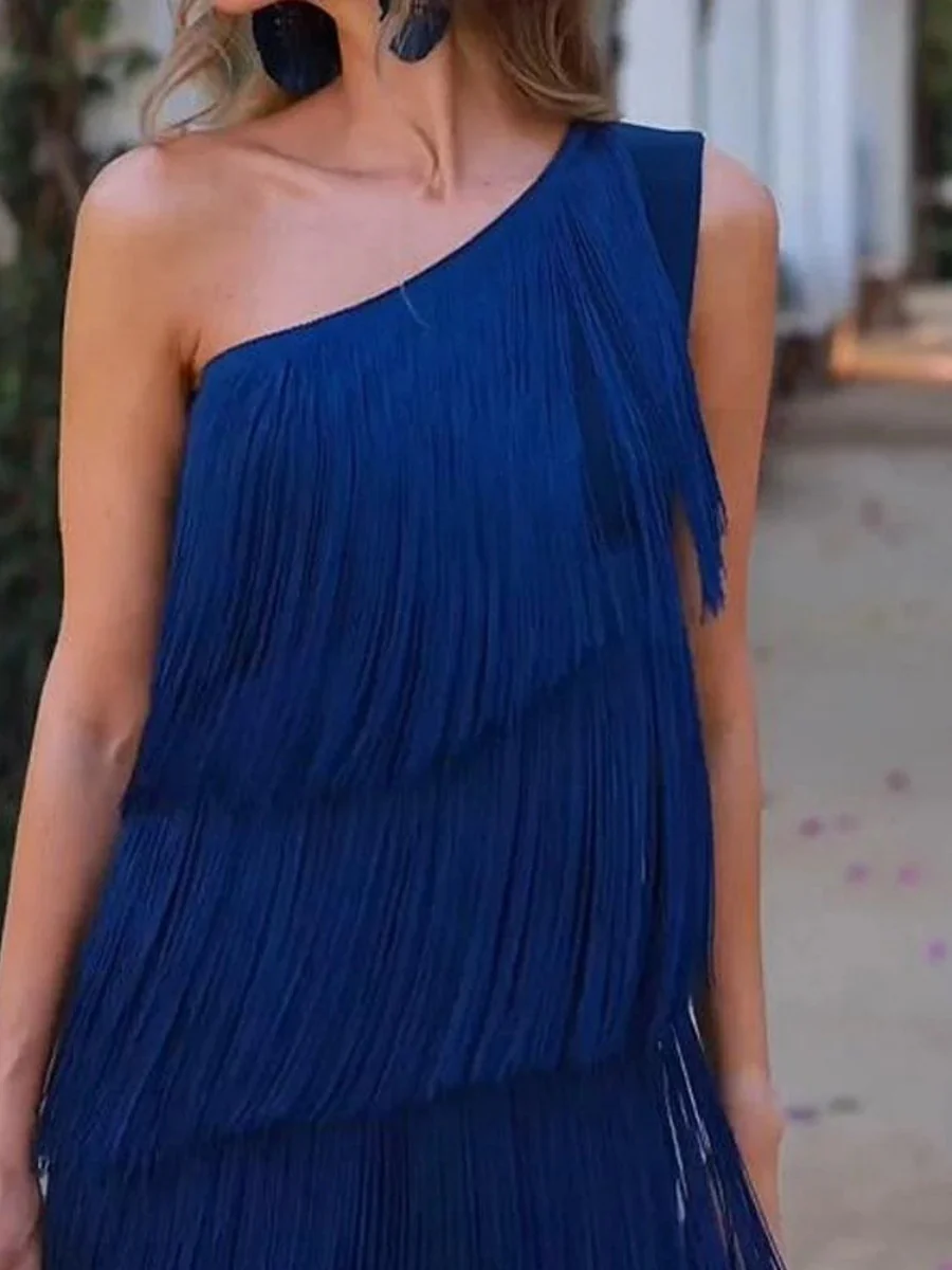 Tassel Sloping Shoulders Asymmetrical Maxi Dresses - Image 7