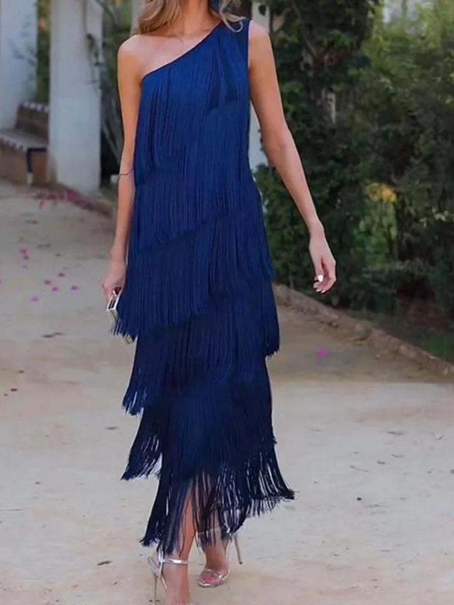 Tassel Sloping Shoulders Asymmetrical Maxi Dresses - Image 8