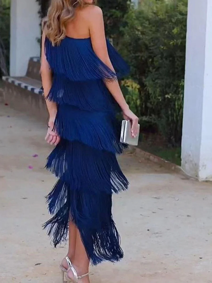 Tassel Sloping Shoulders Asymmetrical Maxi Dresses - Image 9