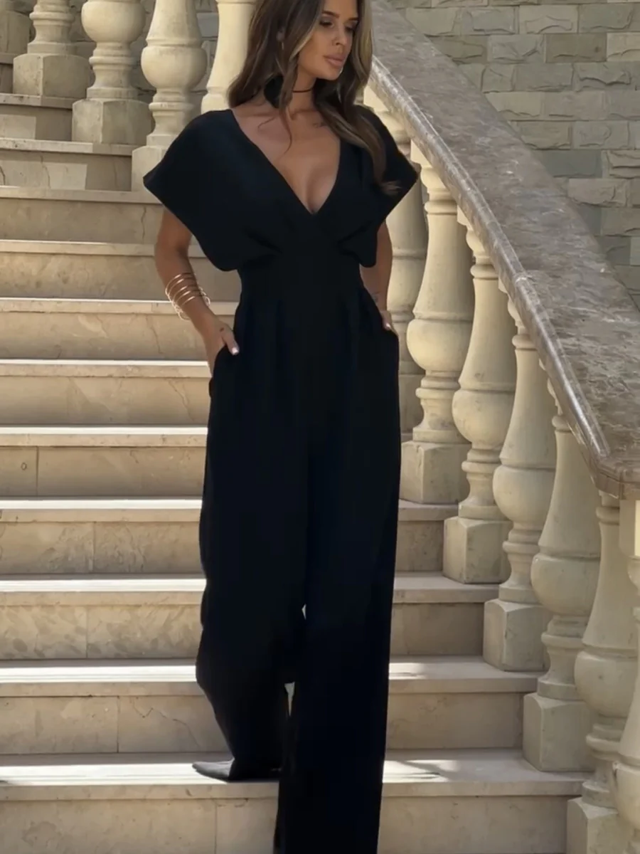 V-neck Commuting Wide Leg Jumpsuits - Image 3