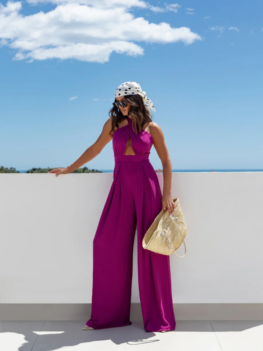 Halter Cross Wide Leg Zipper Jumpsuits