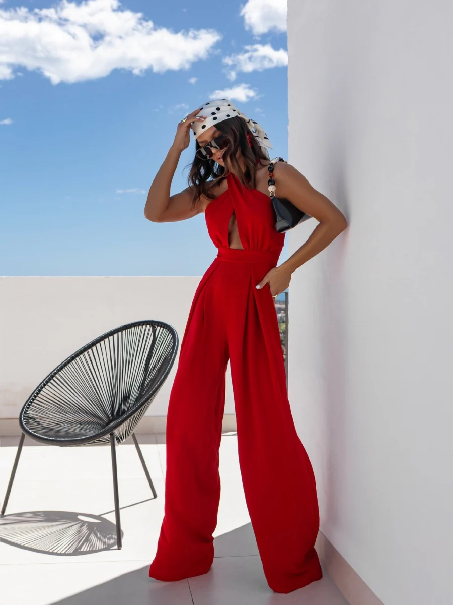 Halter Cross Wide Leg Zipper Jumpsuits - Image 5