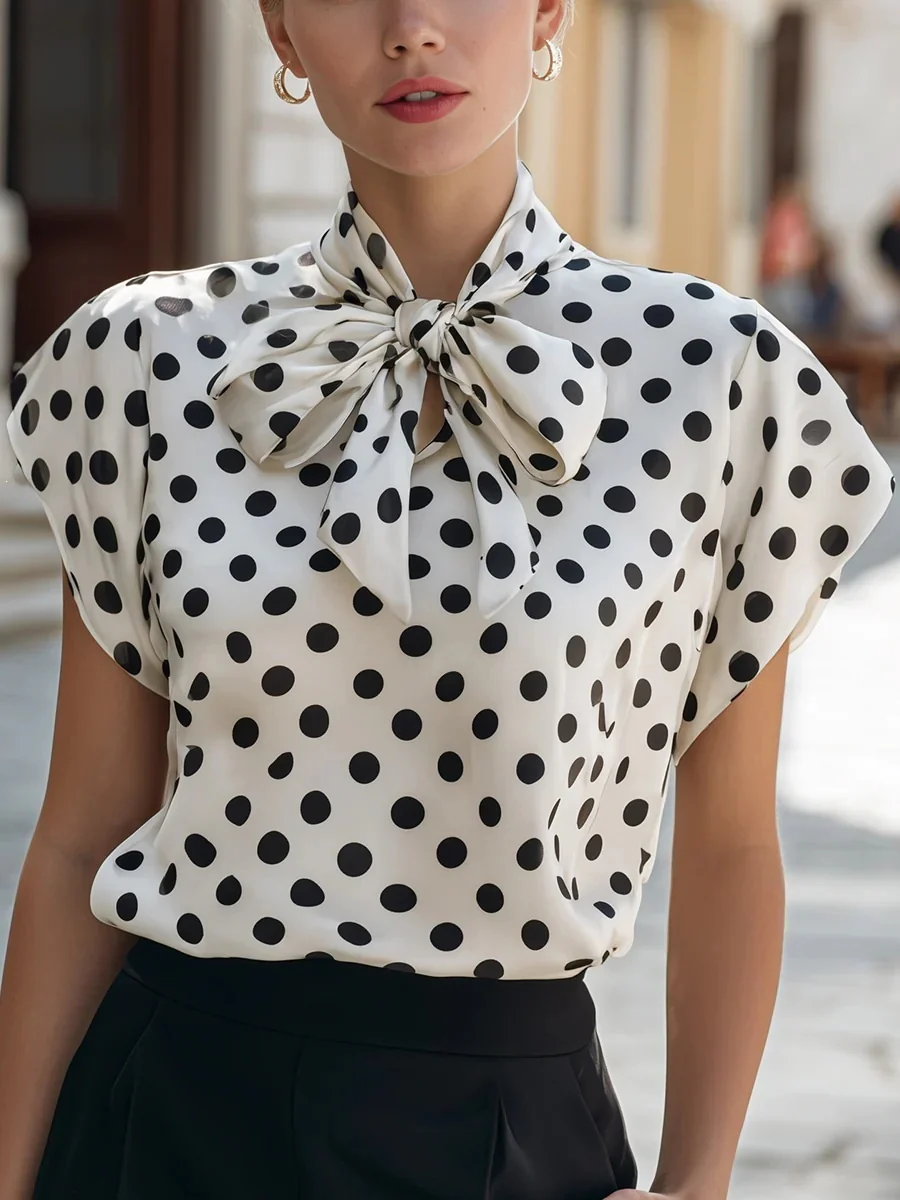 Flying Sleeves Commuting Bow Polka Dots Chiffon Blouse - Image 2