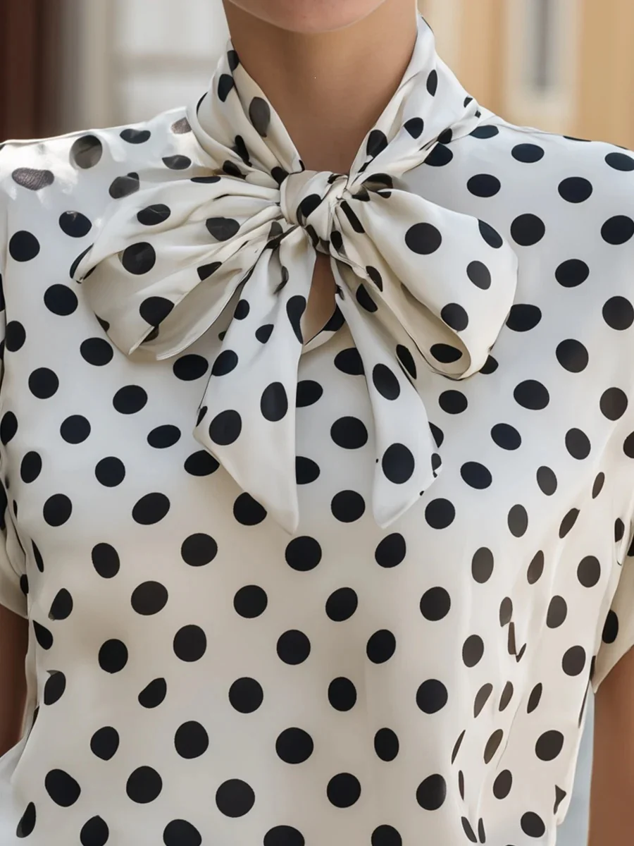 Flying Sleeves Commuting Bow Polka Dots Chiffon Blouse - Image 3