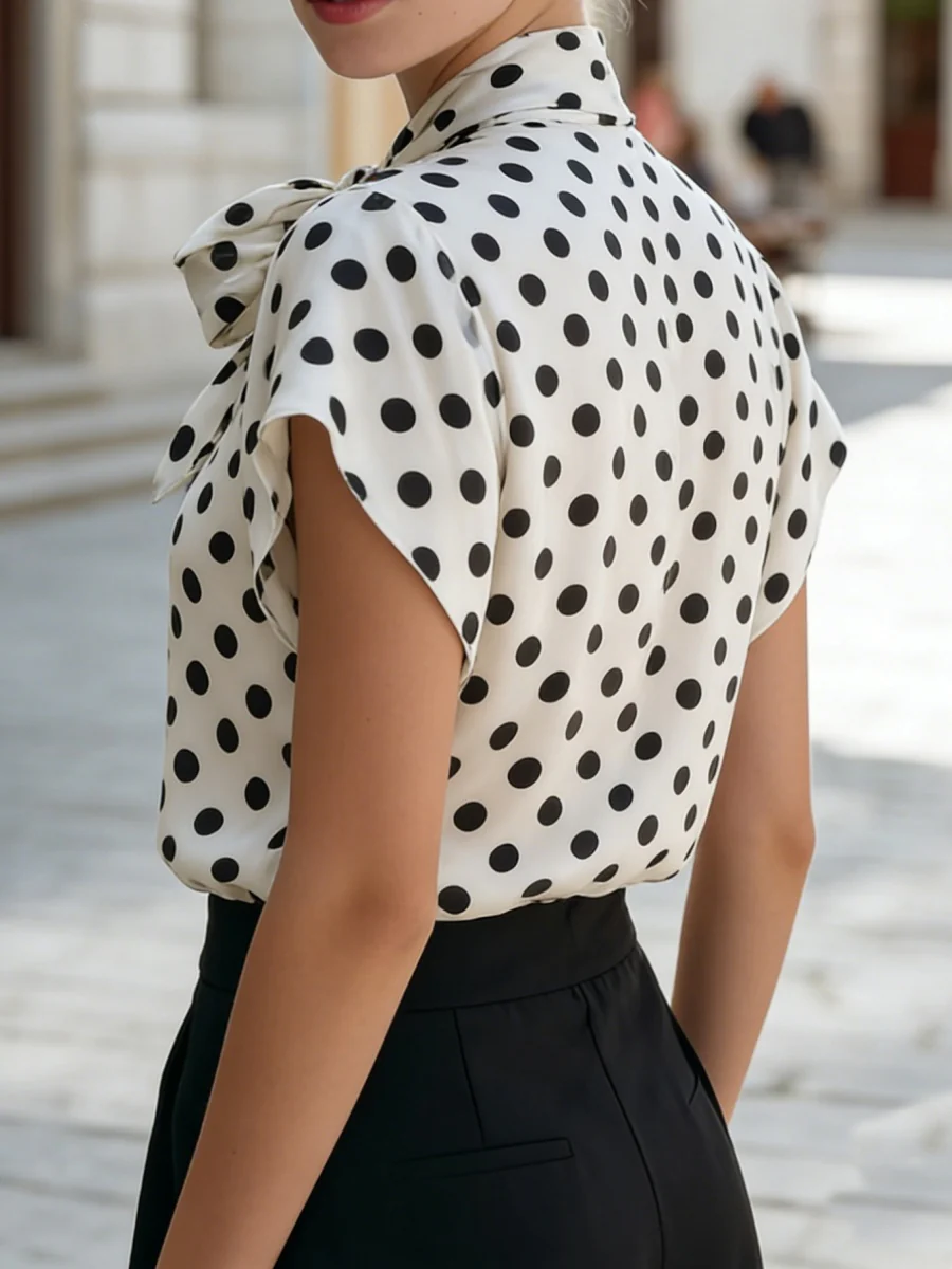 Flying Sleeves Commuting Bow Polka Dots Chiffon Blouse - Image 4