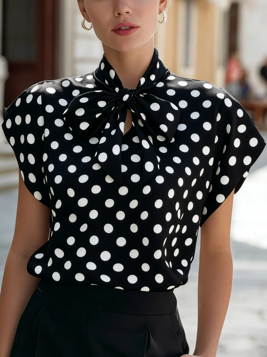Flying Sleeves Commuting Bow Polka Dots Chiffon Blouse - Image 5