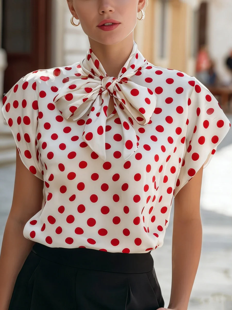 Flying Sleeves Commuting Bow Polka Dots Chiffon Blouse - Image 6