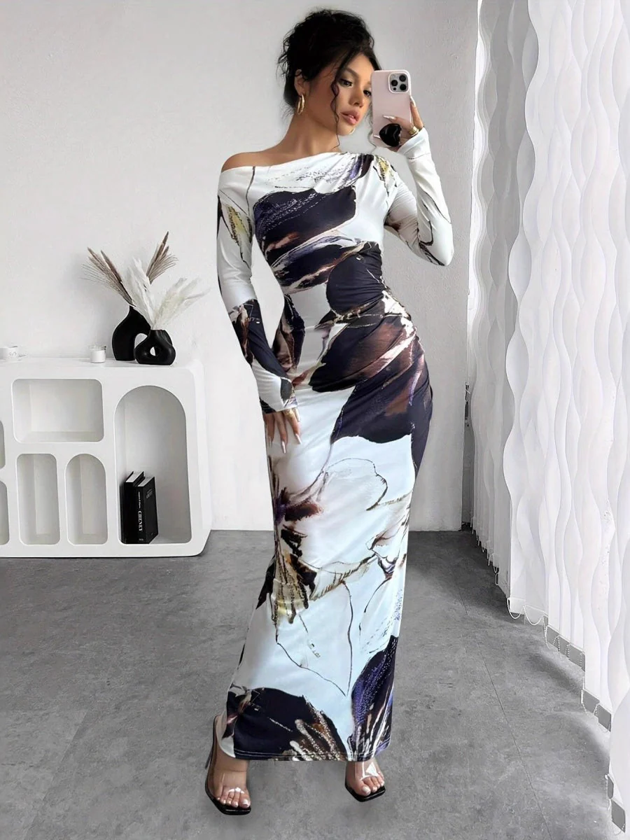 Milk Silk Printed Off-the-shoulder Long Dress - Image 2