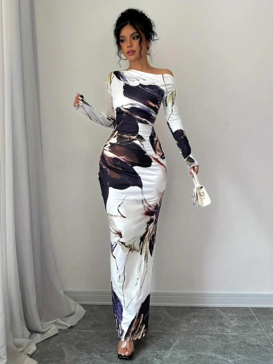 Milk Silk Printed Off-the-shoulder Long Dress - Image 3