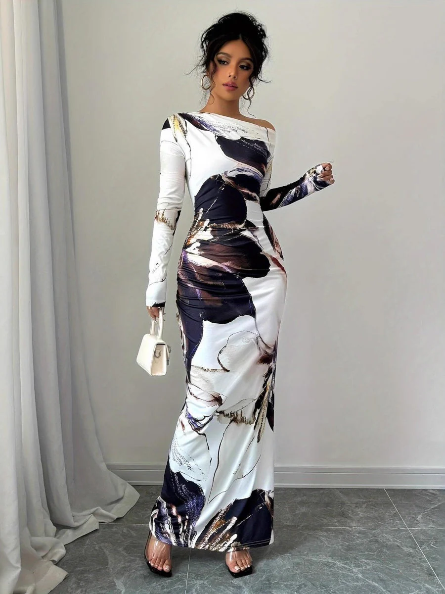 Milk Silk Printed Off-the-shoulder Long Dress - Image 4