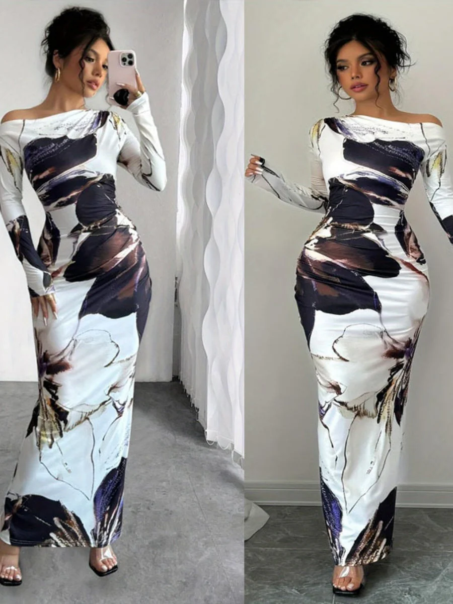 Milk Silk Printed Off-the-shoulder Long Dress - Image 5