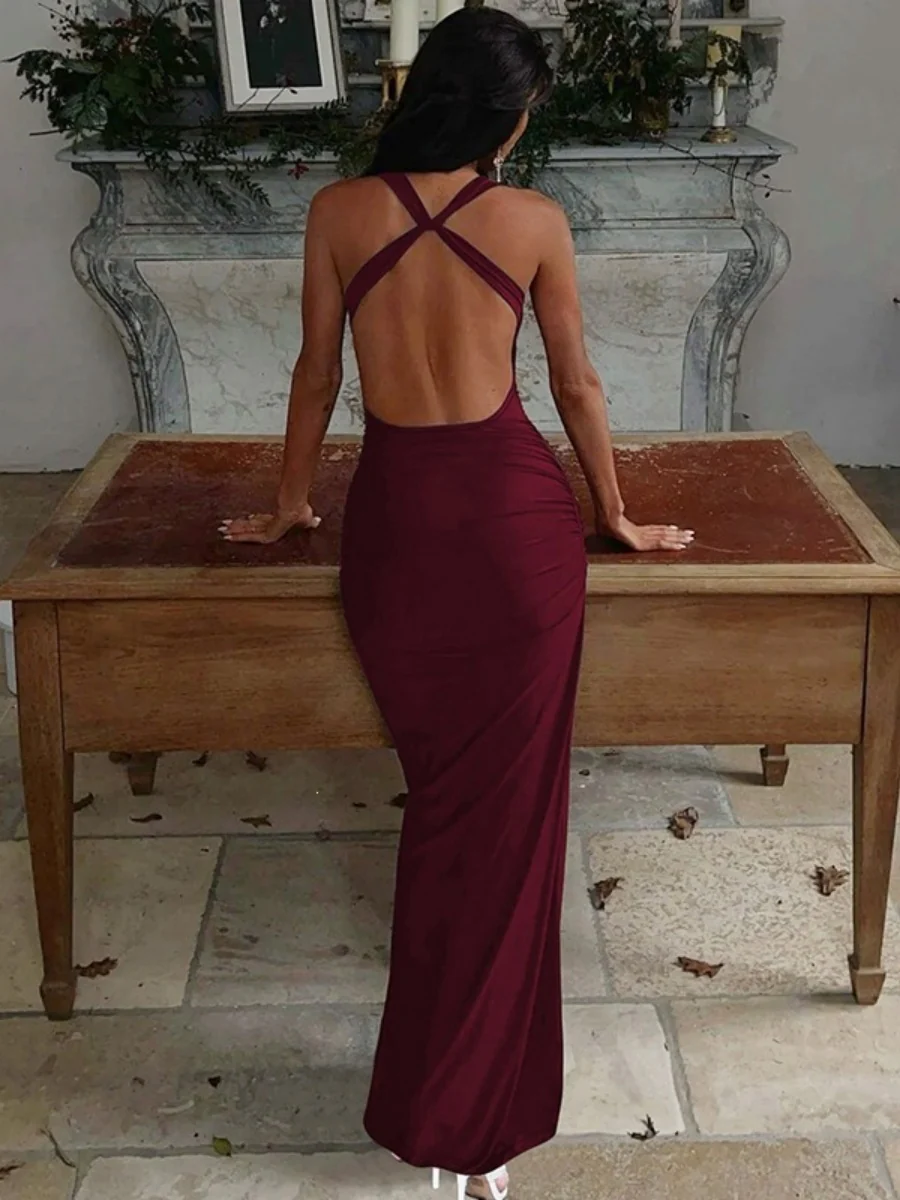Swing Collar Halter Metal Decoration Maxi Dresses - Image 10