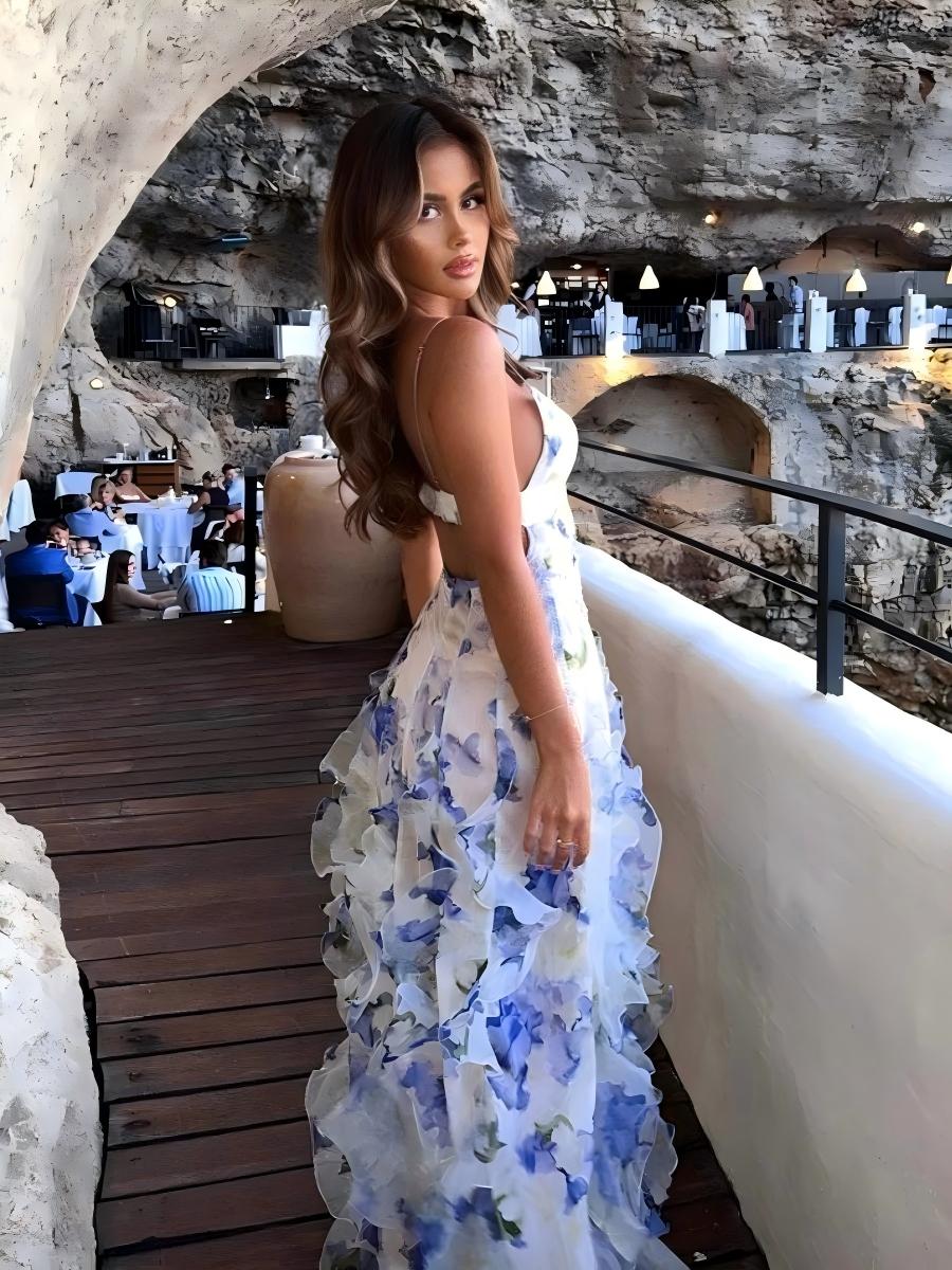 Floral Print Halter Dress With Ruffled Trim - Image 2