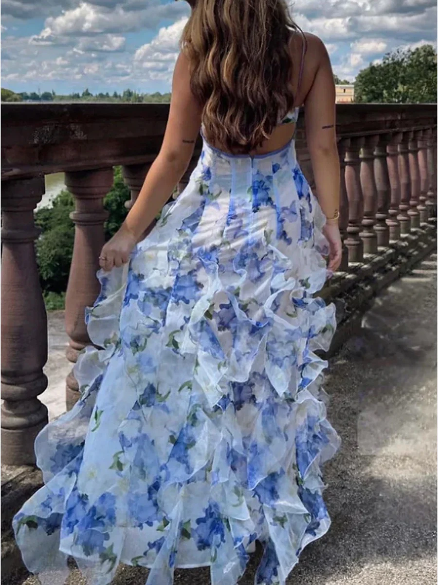 Floral Print Halter Dress With Ruffled Trim - Image 3